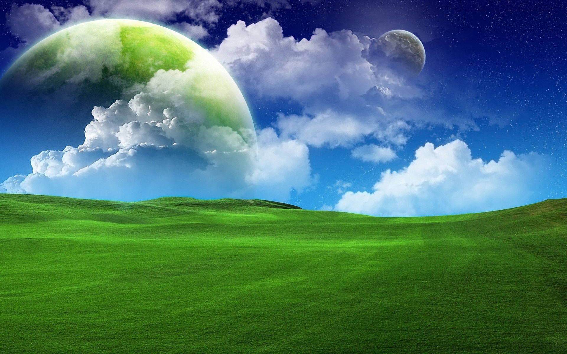 Green Earth Sky, vast green rolling hills, blue sky, Full HD Desktop Wallpaper