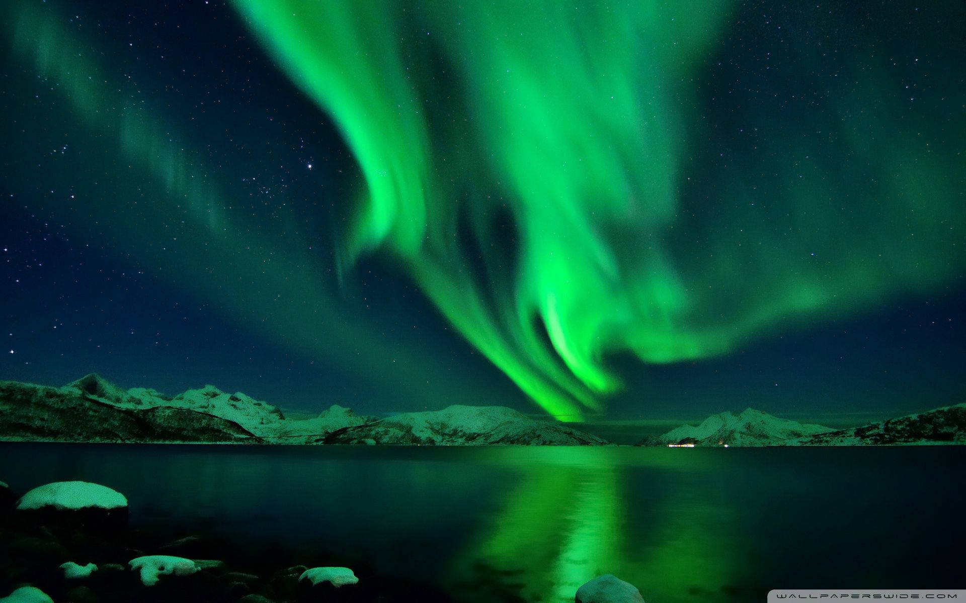 Green Sky, aurora borealis, snowcapped mountains, Full HD Desktop Wallpaper