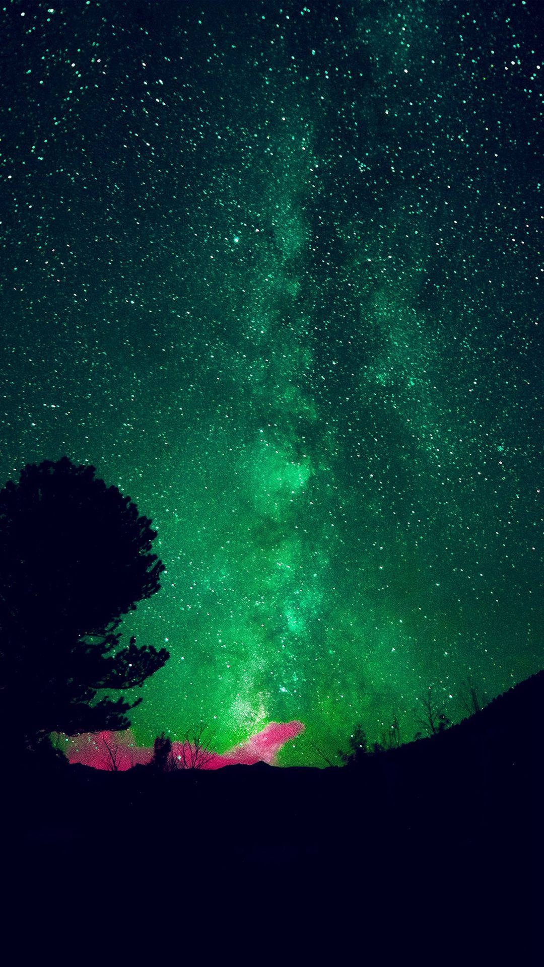 Glittery Green Sky, vibrant green Milky Way galaxy, dark silhouette of trees and hills, Full HD Phone Wallpaper
