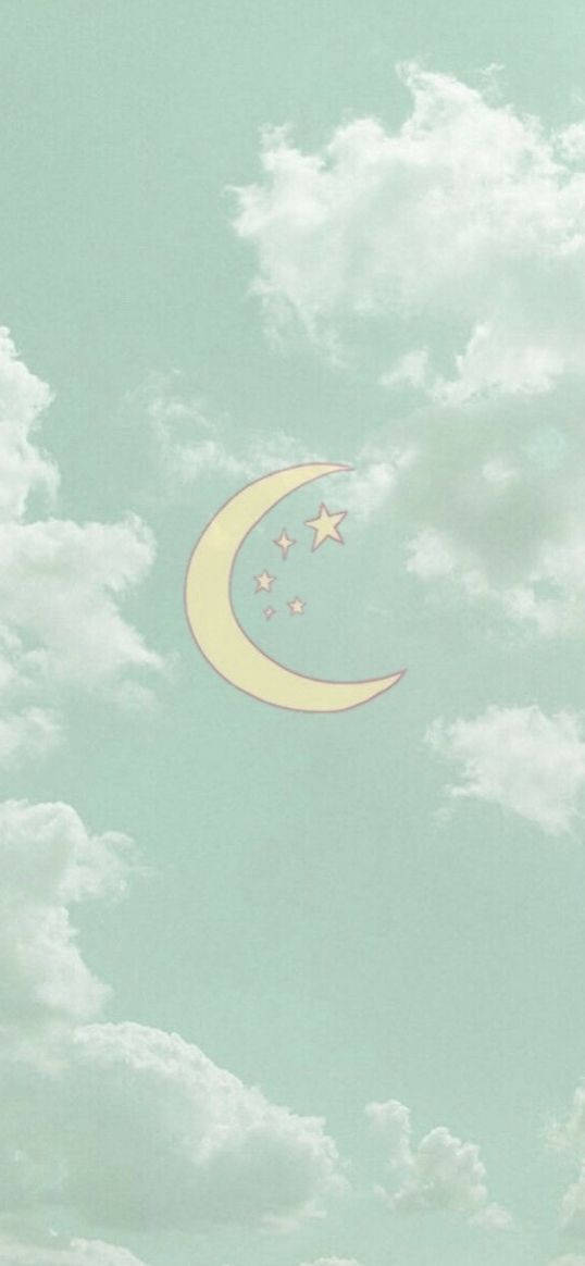mint green, crescent moon, pastel sky, SD Phone Wallpaper