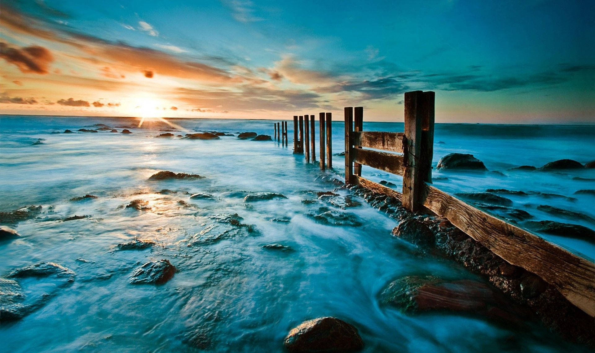 Green Sky, Sunset, sea, Full HD Desktop Wallpaper