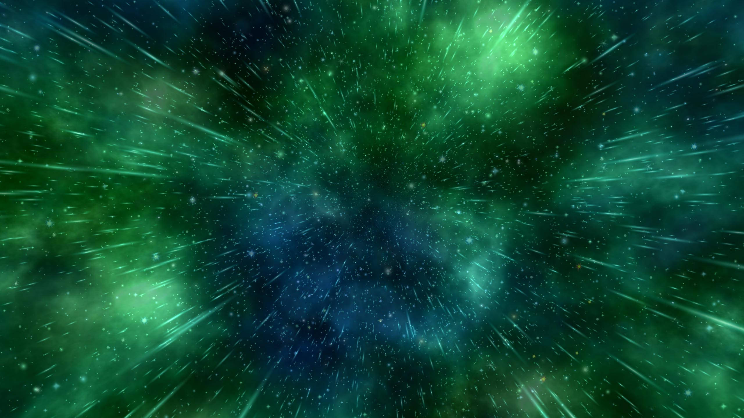 Green Sky, pouring rain, vibrant green and blue nebula, 2K Desktop Wallpaper