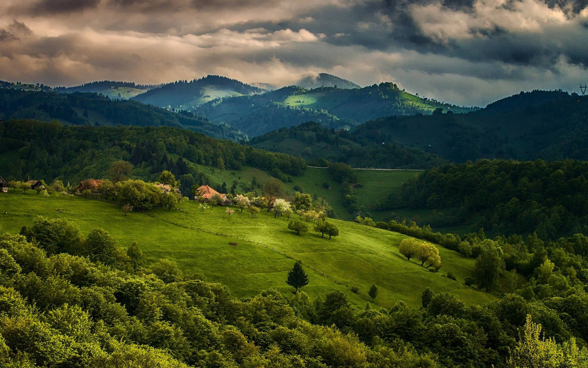 Green Sky Mountains, rolling green hills, trees, Full HD Desktop Wallpaper