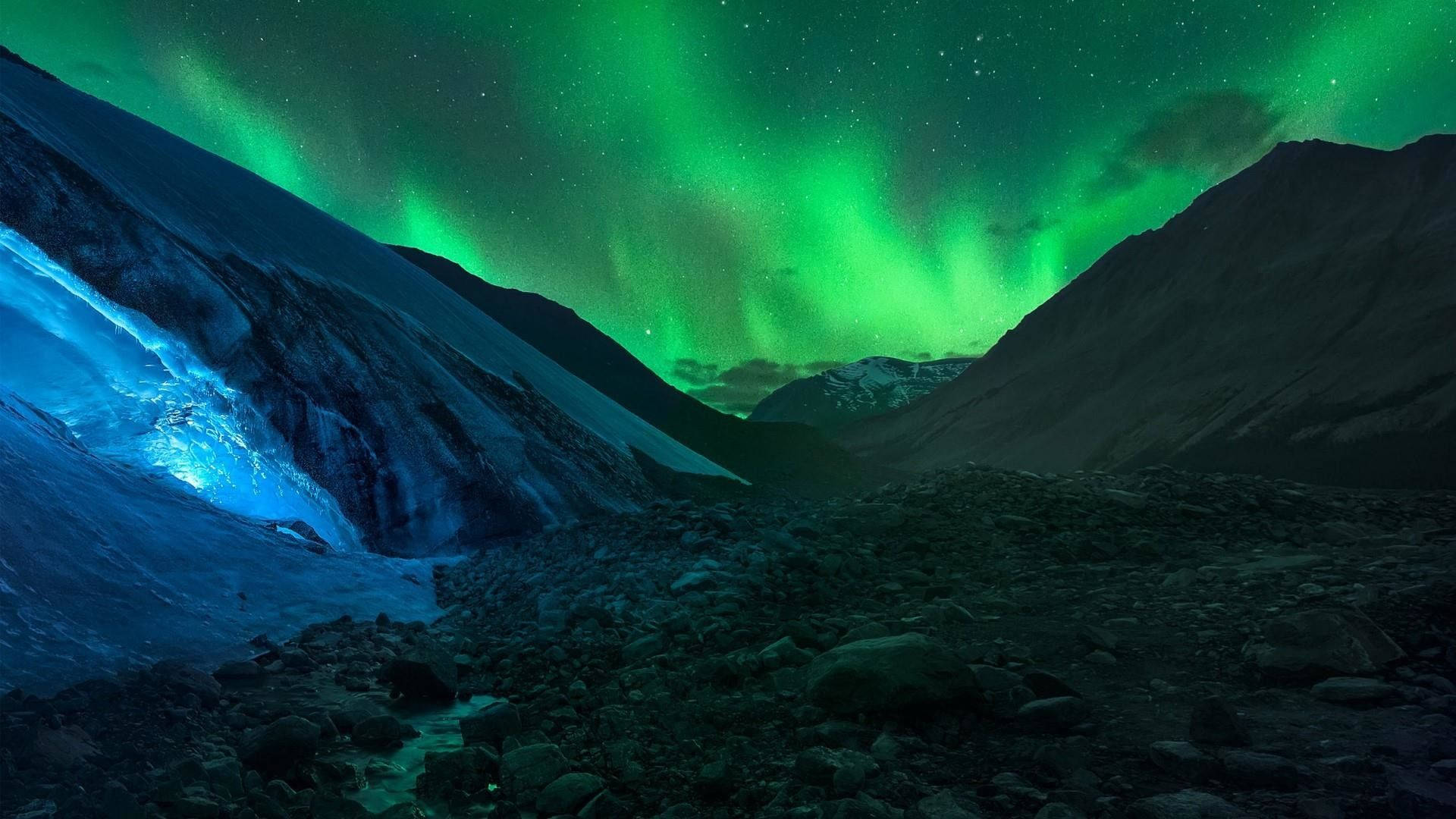 Green Sky, aurora borealis, starry sky, Full HD Desktop Wallpaper