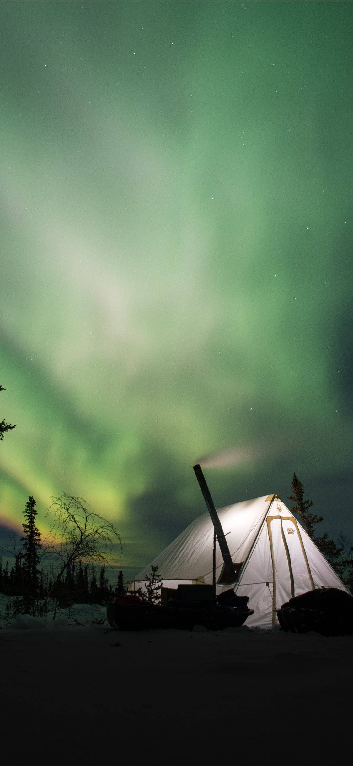 Green Sky Camping, glowing white tent, snowy wilderness, Full HD Phone Wallpaper