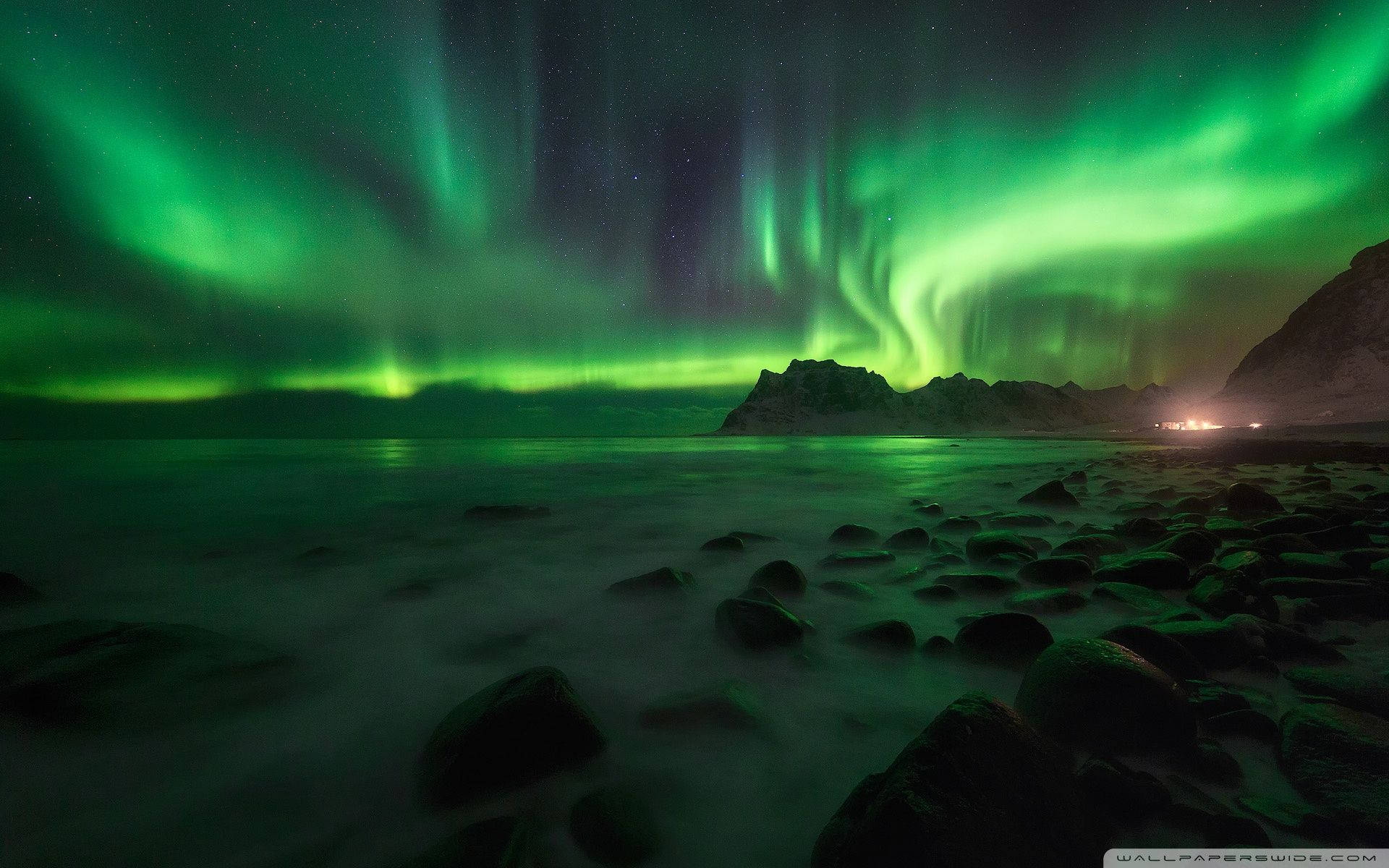 Green Sky, rocky shoreline, vibrant green aurora borealis, Full HD Desktop Wallpaper