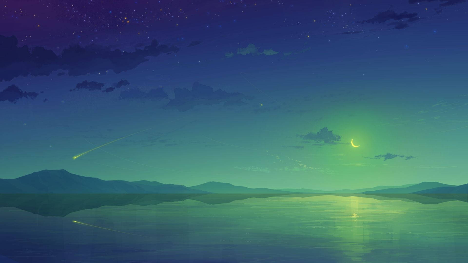 Green Sky, Moon, Twilight, Full HD Desktop Wallpaper
