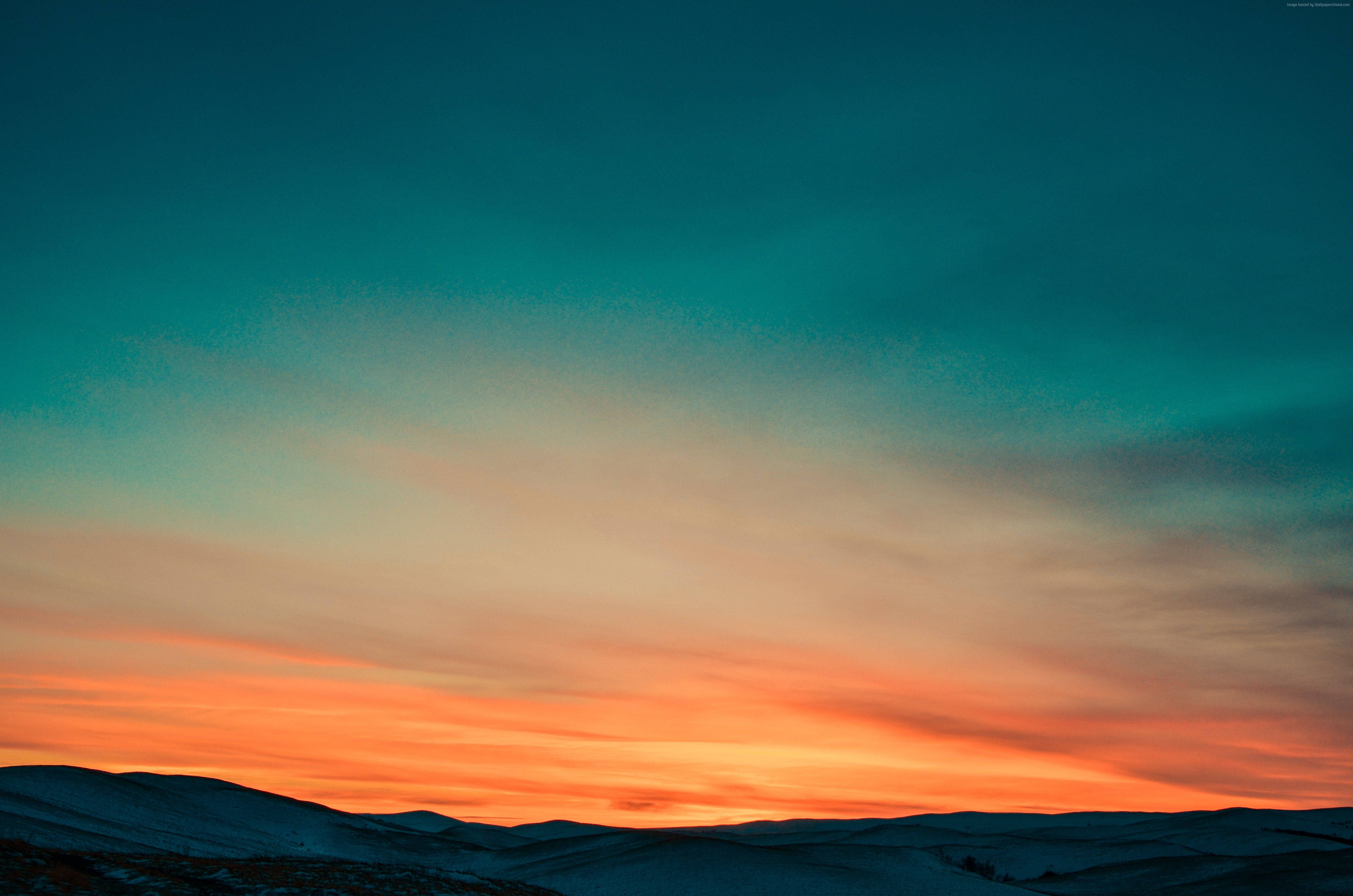 Greenish Orange Clear Sky, snow capped mountain range, vibrant sunset sky, 4K Desktop Wallpaper