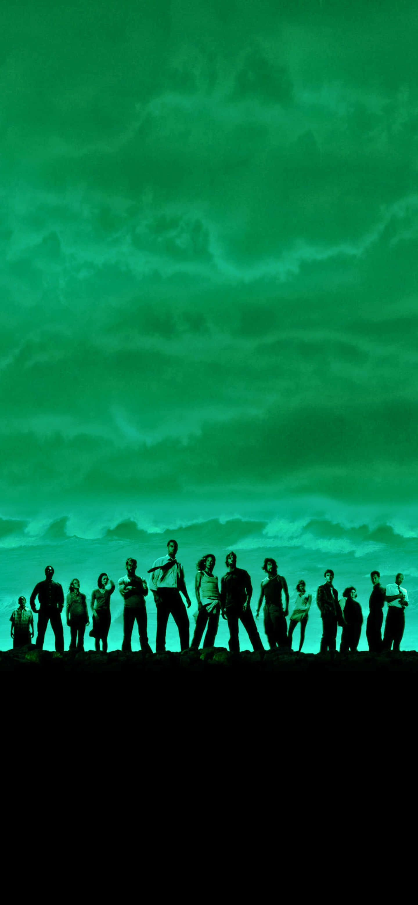 silhouetted people, green-hued stormy sky, 2K Phone Wallpaper