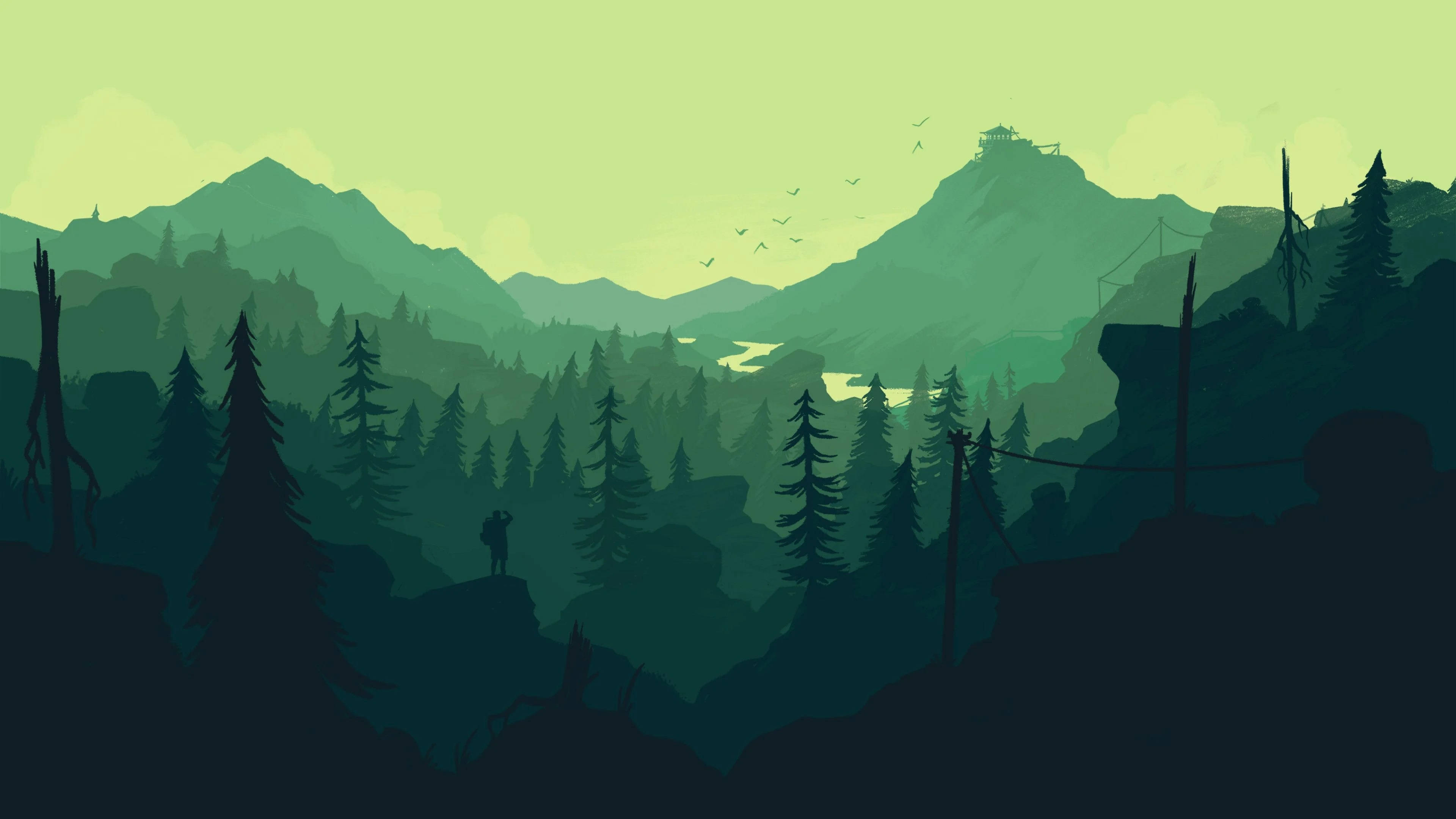 Green Sky, mountains, trees, 4K Desktop Wallpaper