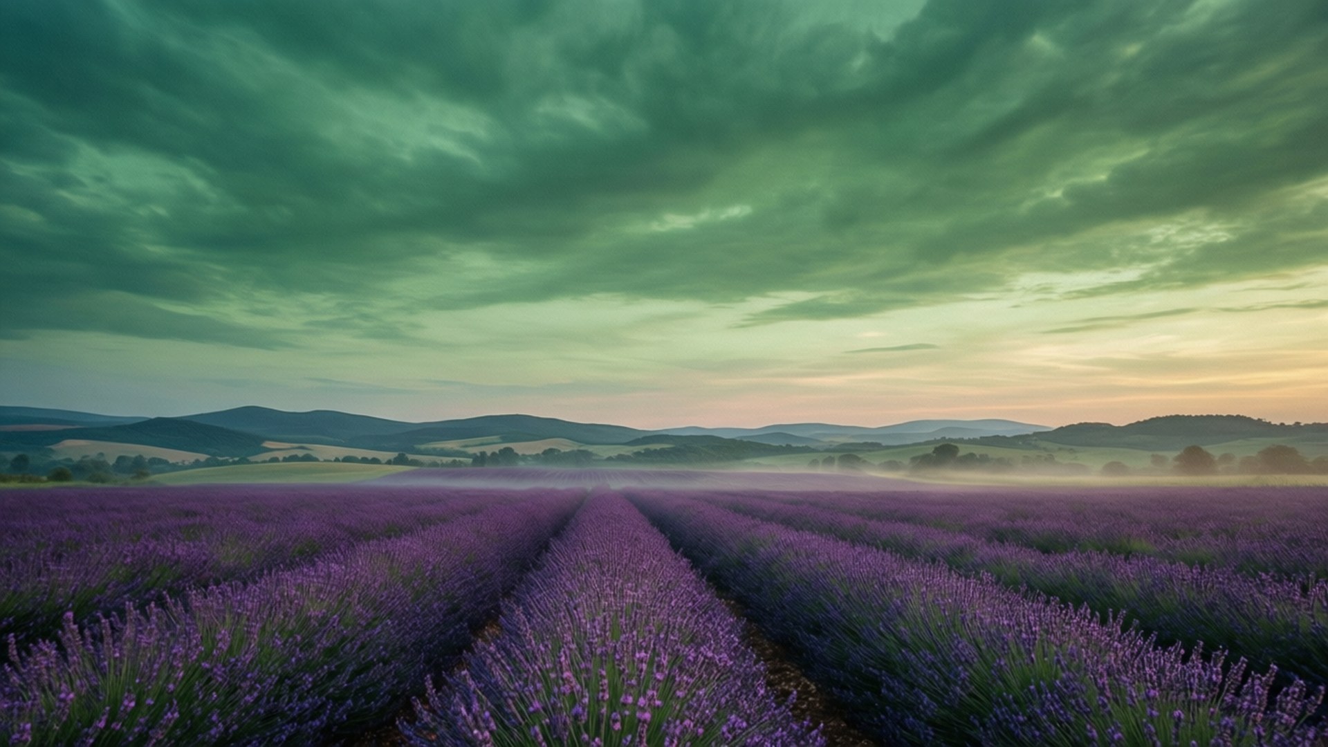 lavender field, green sky, misty rolling hills, Full HD Desktop Wallpaper