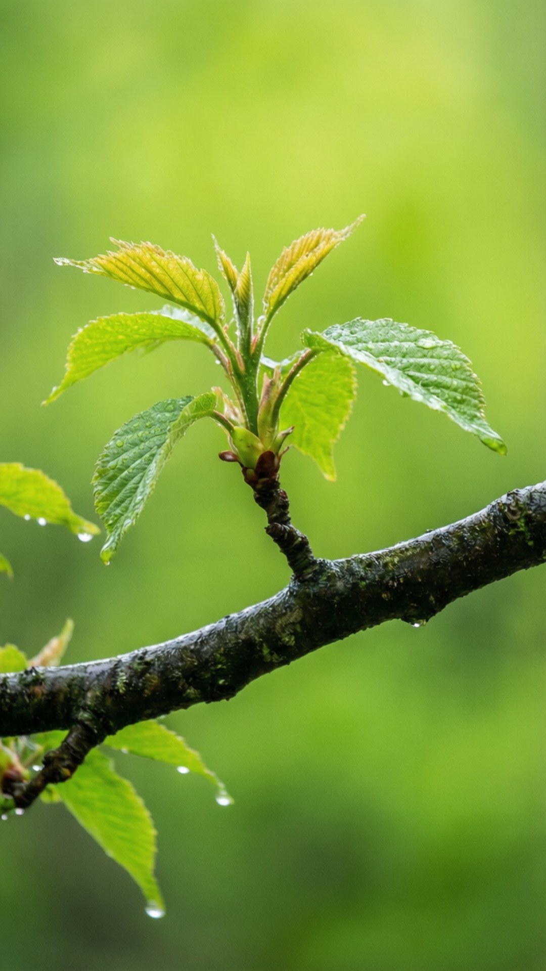 leaves, green sky, wet branches, Full HD Phone Wallpaper
