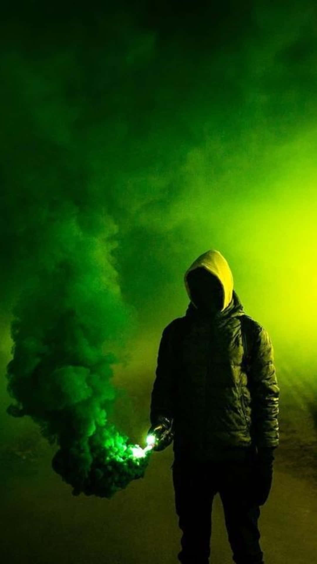 green smoke, hooded figure, glowing green flare, Full HD Phone Wallpaper