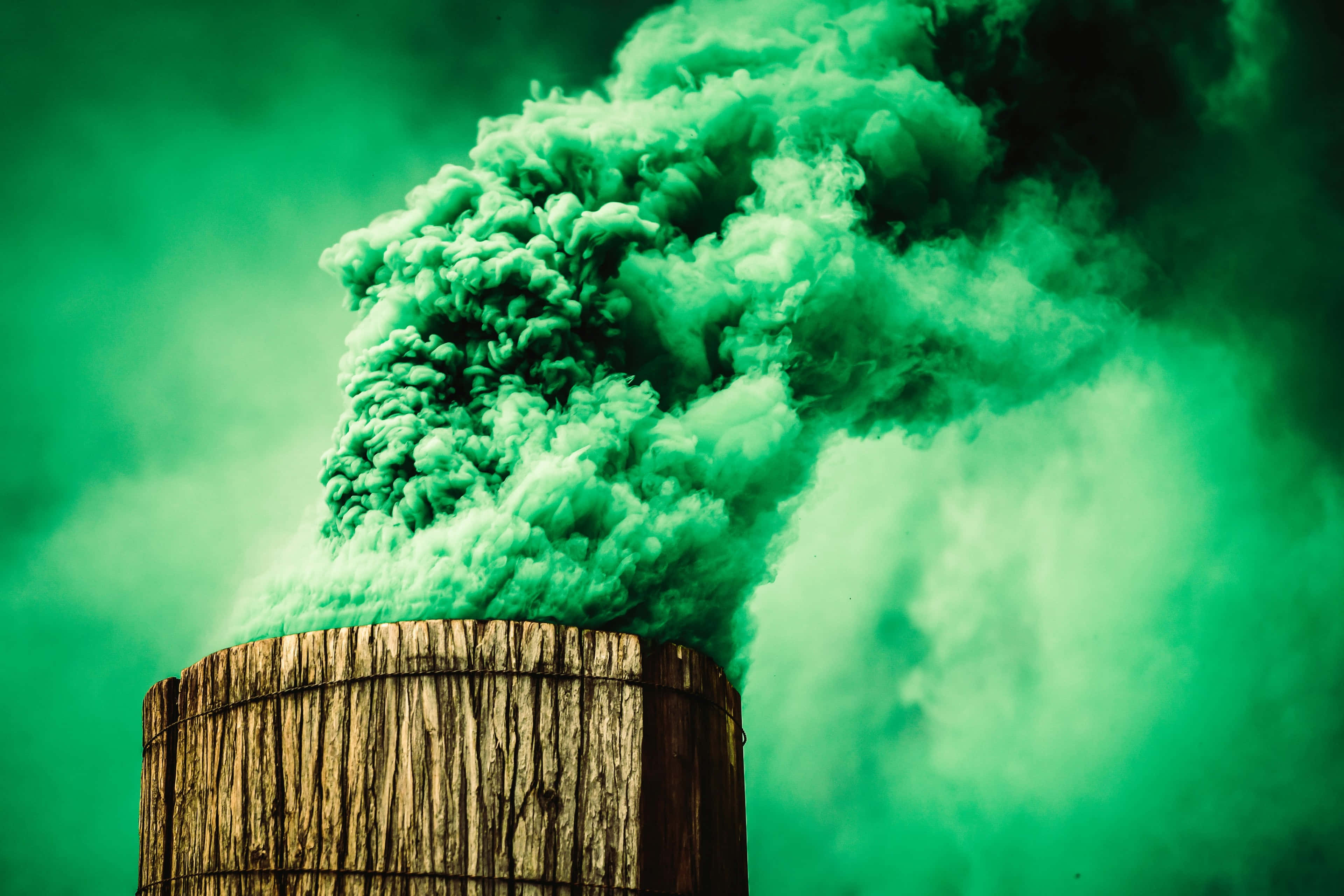 thick green smoke, grenade emission, weathered wooden barrel, 4K Desktop Wallpaper