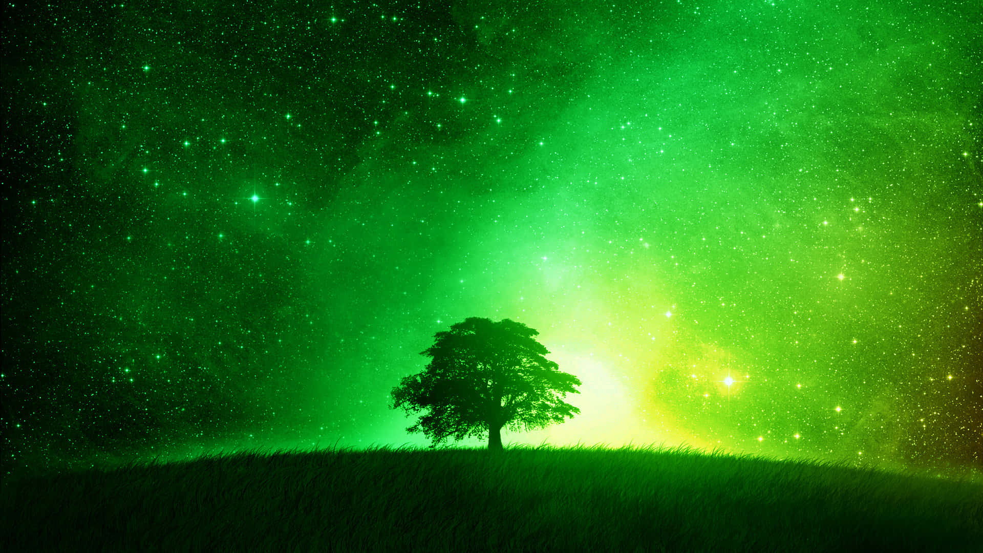 lime green, vibrant green starry sky, glowing nebulae, Full HD Desktop Wallpaper