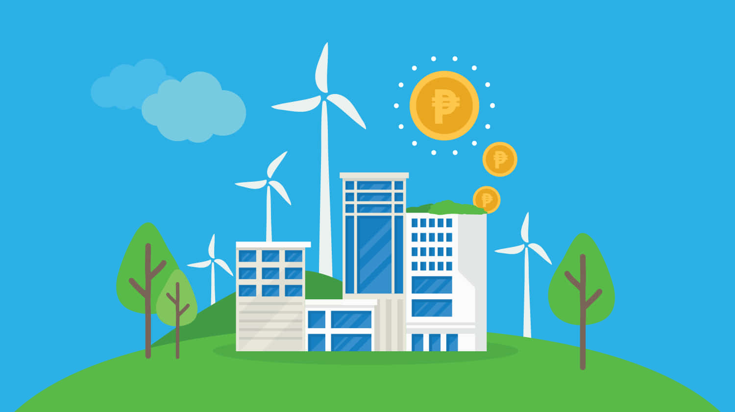 Green Technology, wind turbines, floating crypto coins, HD Desktop Wallpaper