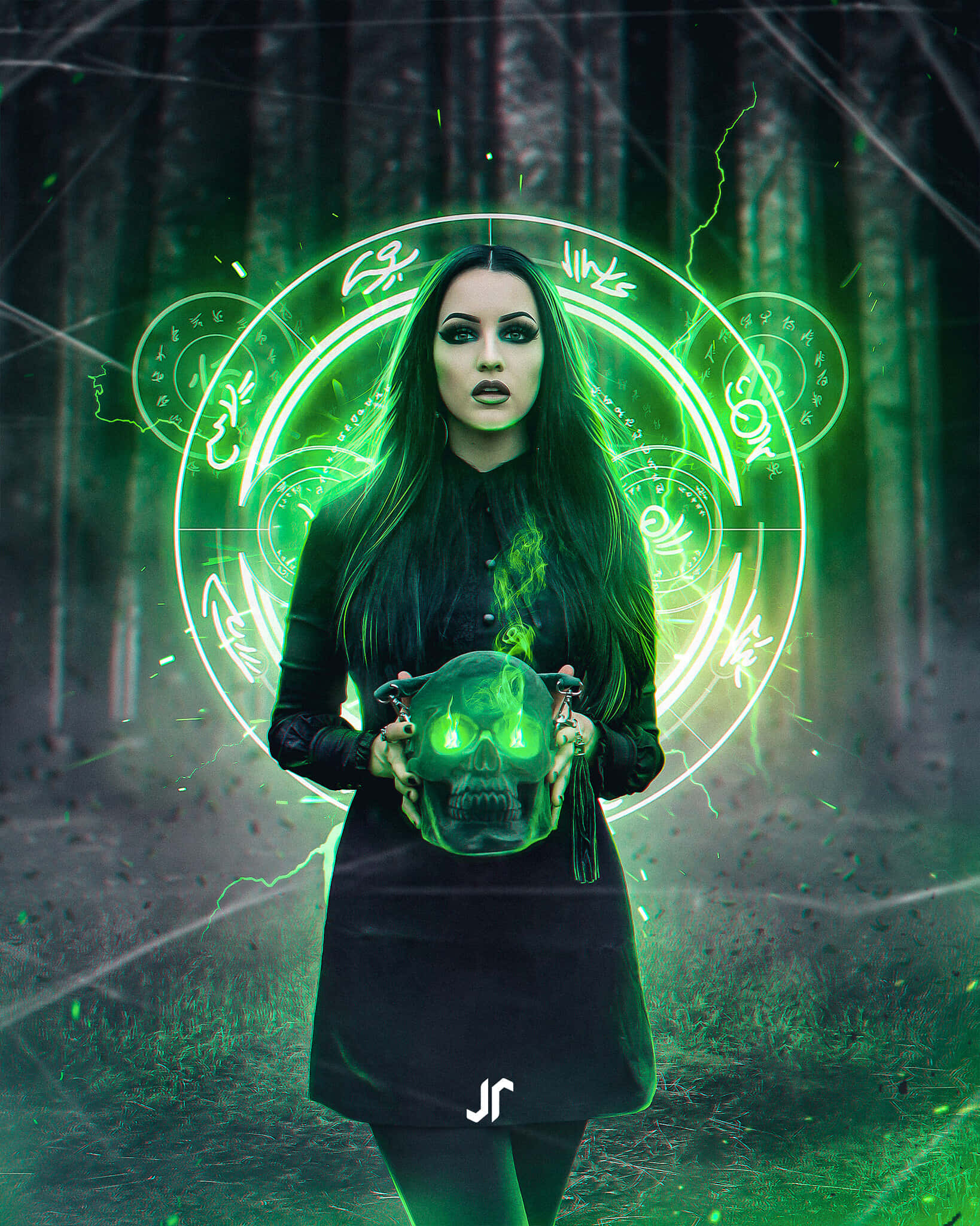 Green Witch, dark forest, glowing green skull, Full HD Phone Wallpaper