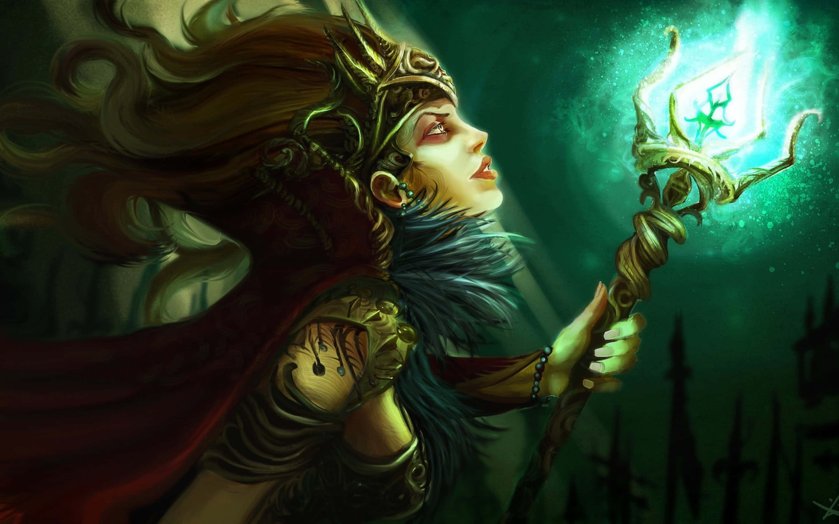 Green Witch, glowing green staff, mystical forest, 2K Desktop Wallpaper