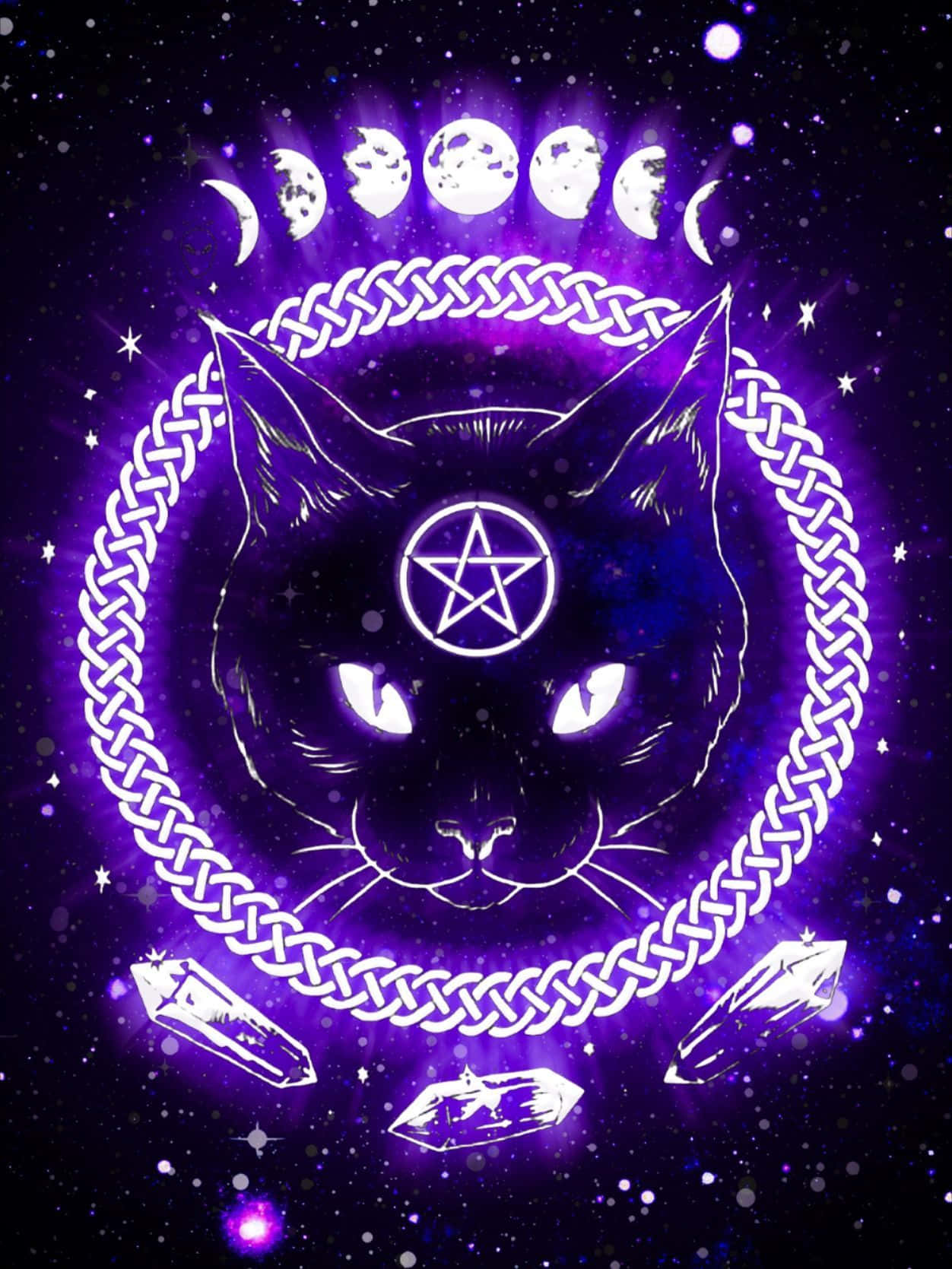 glowing black cat, pentagram on its forehead, braided chain, HD Phone Wallpaper