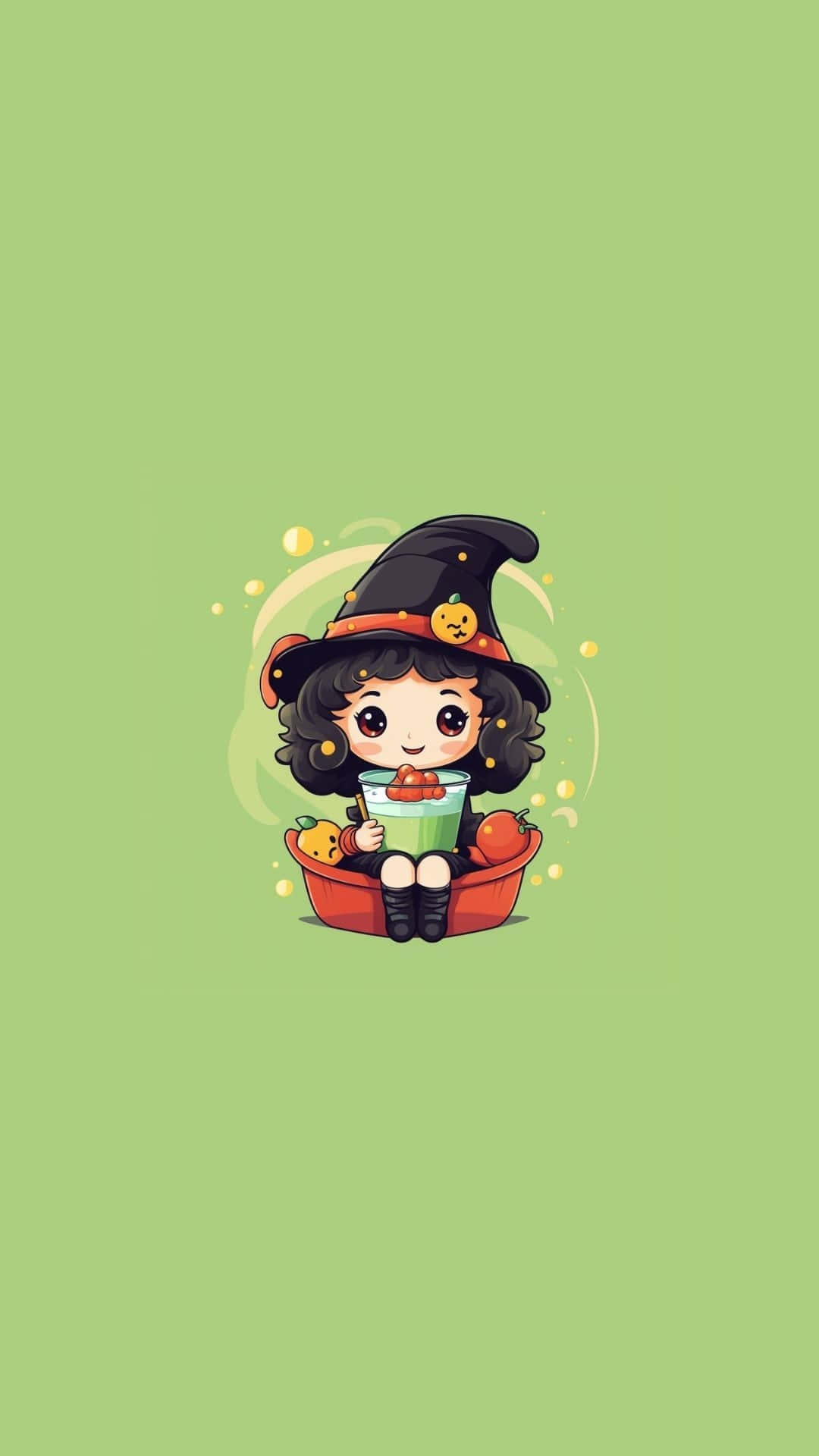 cute cartoon witch, black curly hair, black hat, Full HD Phone Wallpaper
