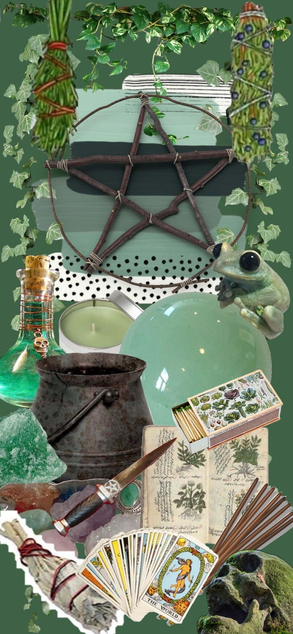 Green Witch Aesthetic, pentagram, tarot cards, Full HD Phone Wallpaper