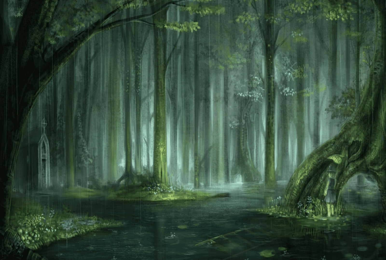 enchanted forest sanctuary, misty rain-soaked forest, towering trees, HD Desktop Wallpaper