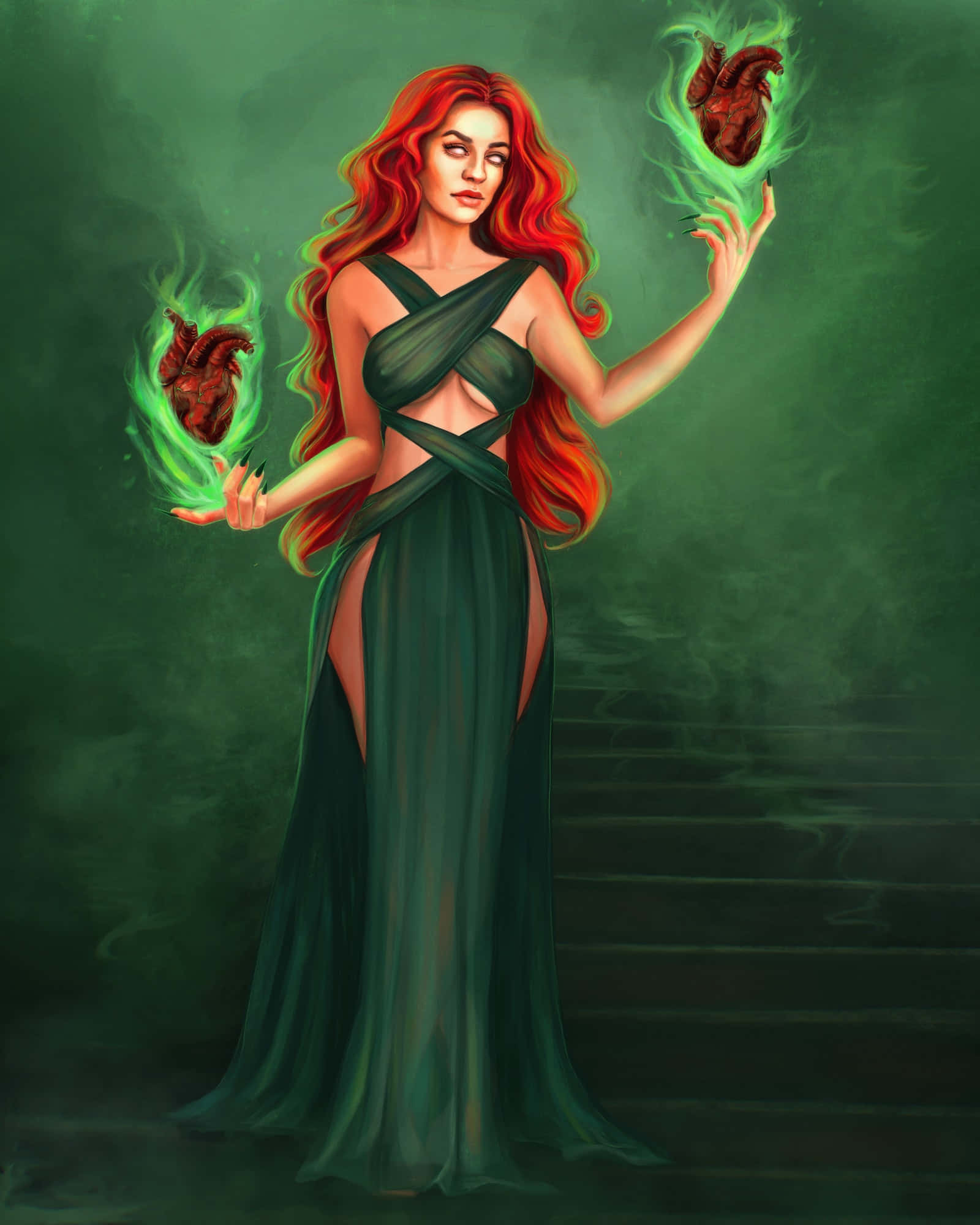 Green Witch, red-haired woman, green gown, Full HD Phone Wallpaper
