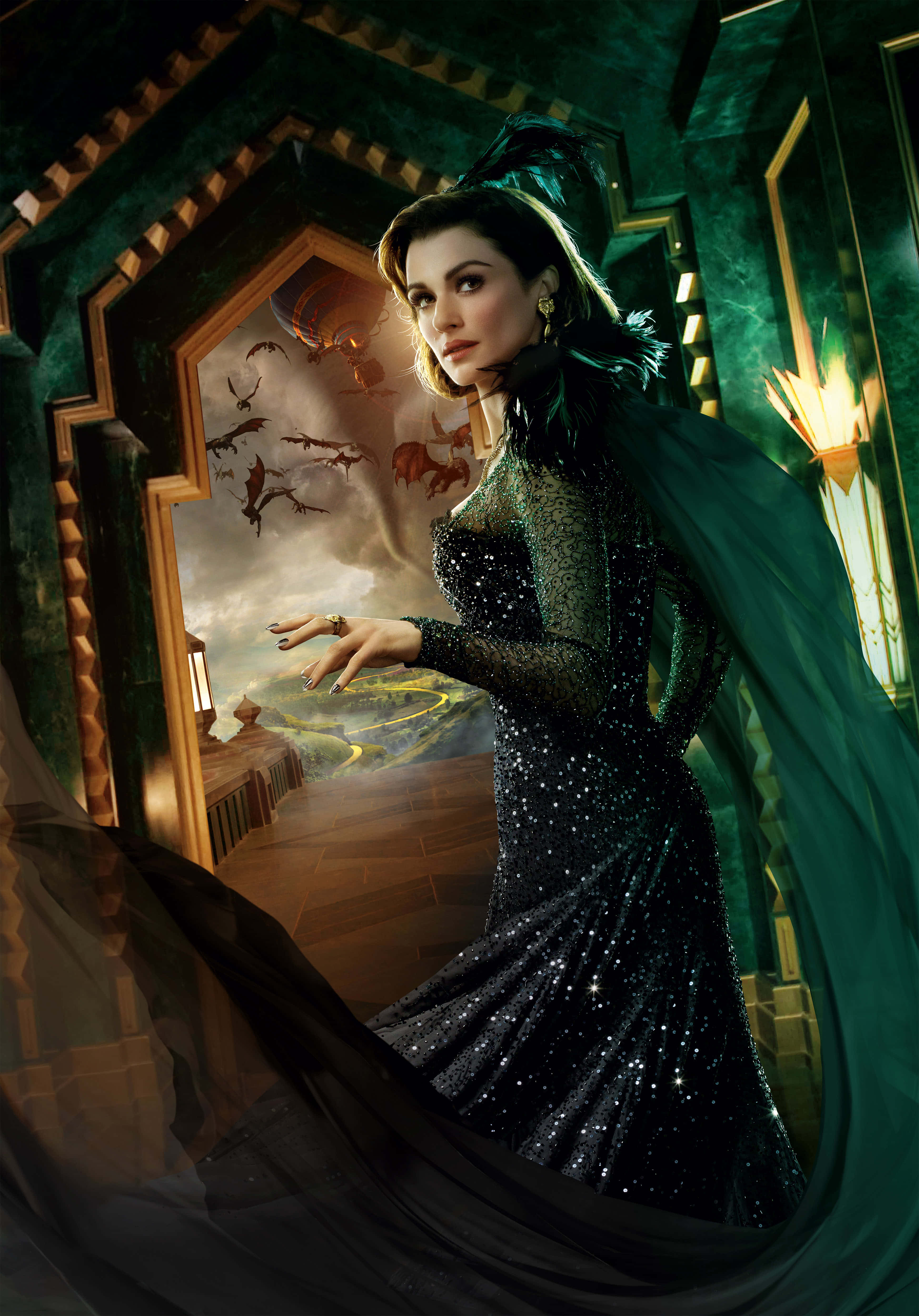 Green Witch, sparkling green gown, ornate doorway, 4K Phone Wallpaper