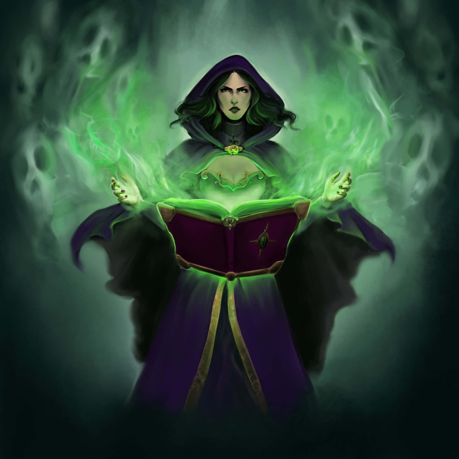 Green Witch, dark-robed witch, glowing green hands, Full HD Desktop Wallpaper