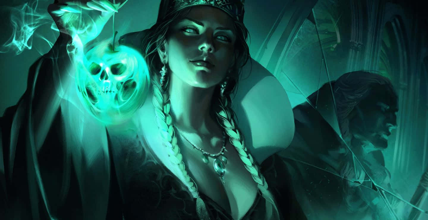 Green Witch, hooded robe, glowing skull-headed apple, HD Desktop Wallpaper