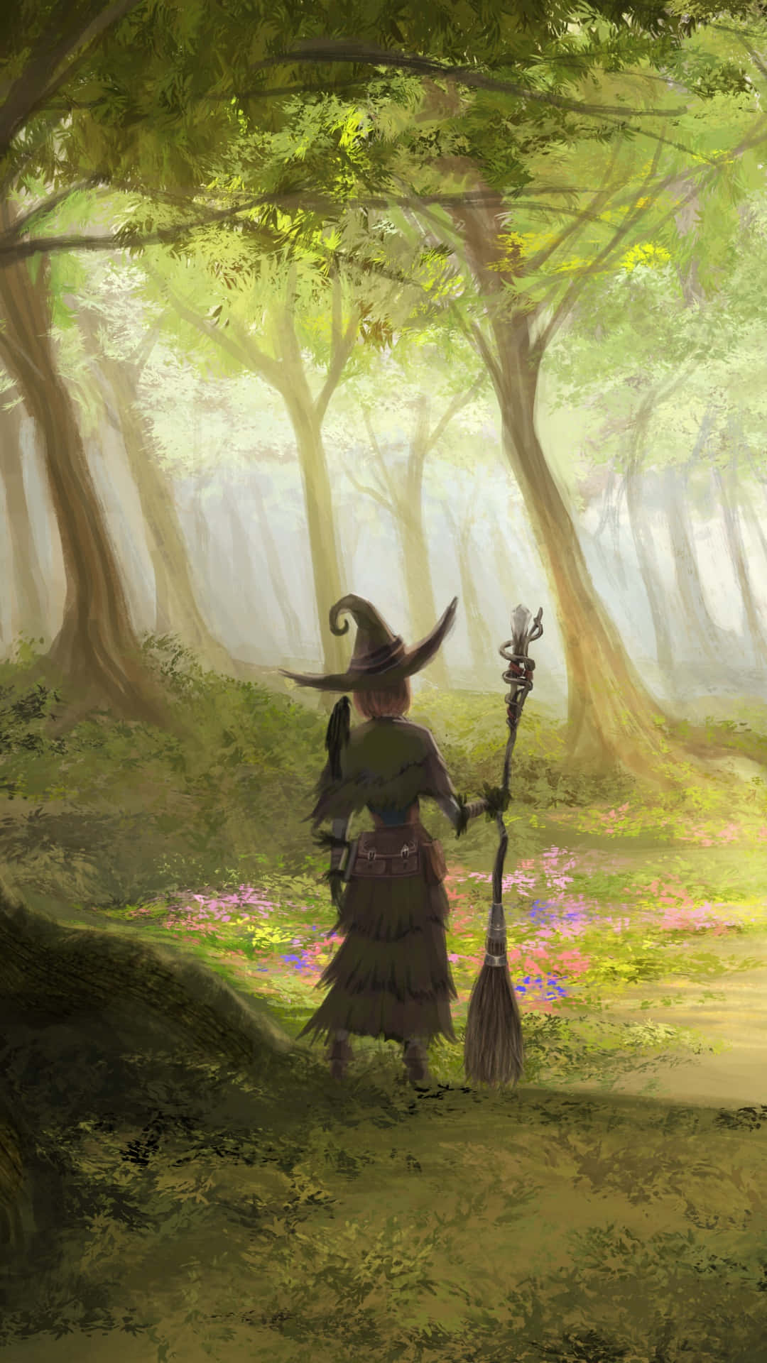 Green Witch, pointed hat, sunlit forest, Full HD Phone Wallpaper