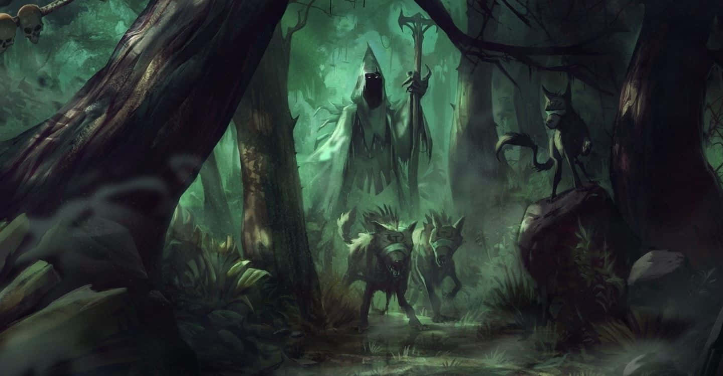 Green Witch, hooded figure, staff, HD Desktop Wallpaper