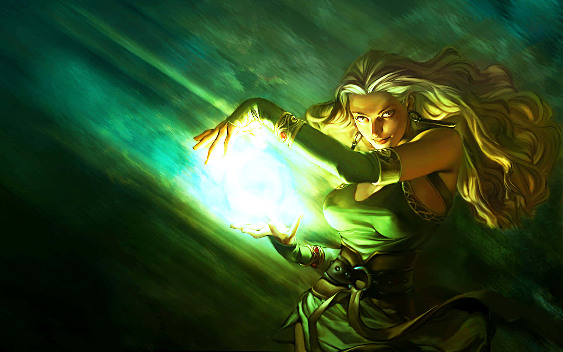 Green Witch, full moon night, female mage, Full HD Desktop Wallpaper