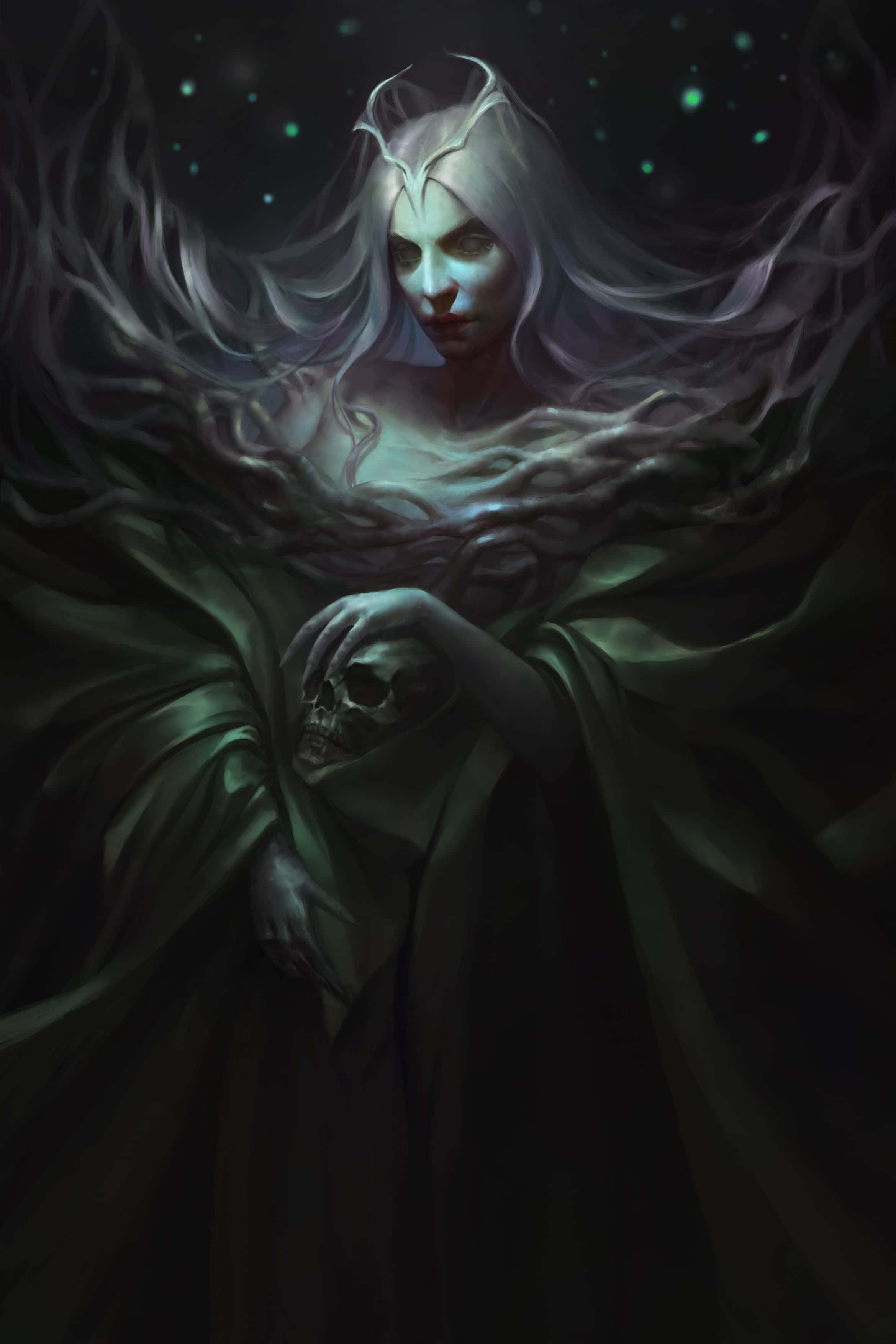 Green Witch, silver hair, horned headpiece, 2K Phone Wallpaper