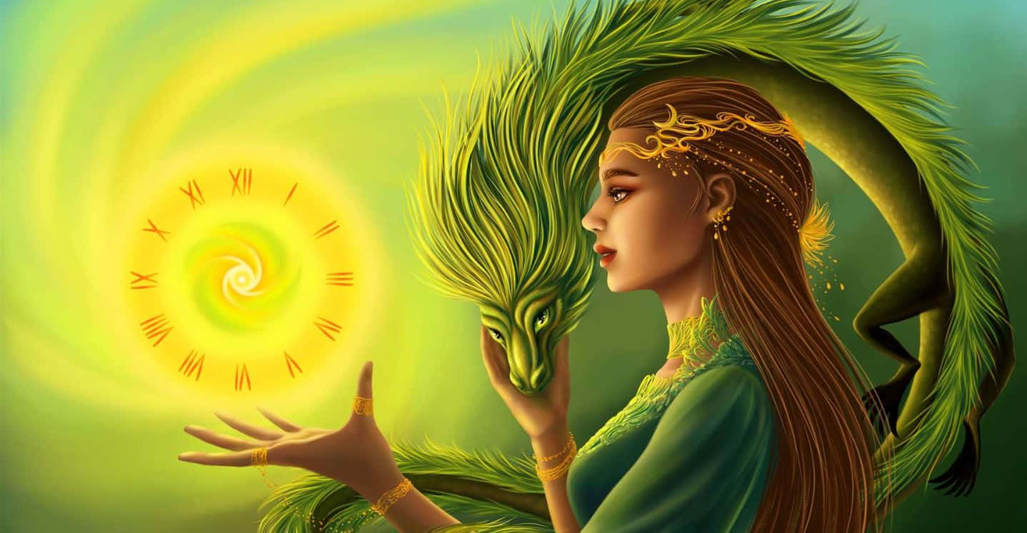Green Witch, dragon, glowing clock, HD Desktop Wallpaper