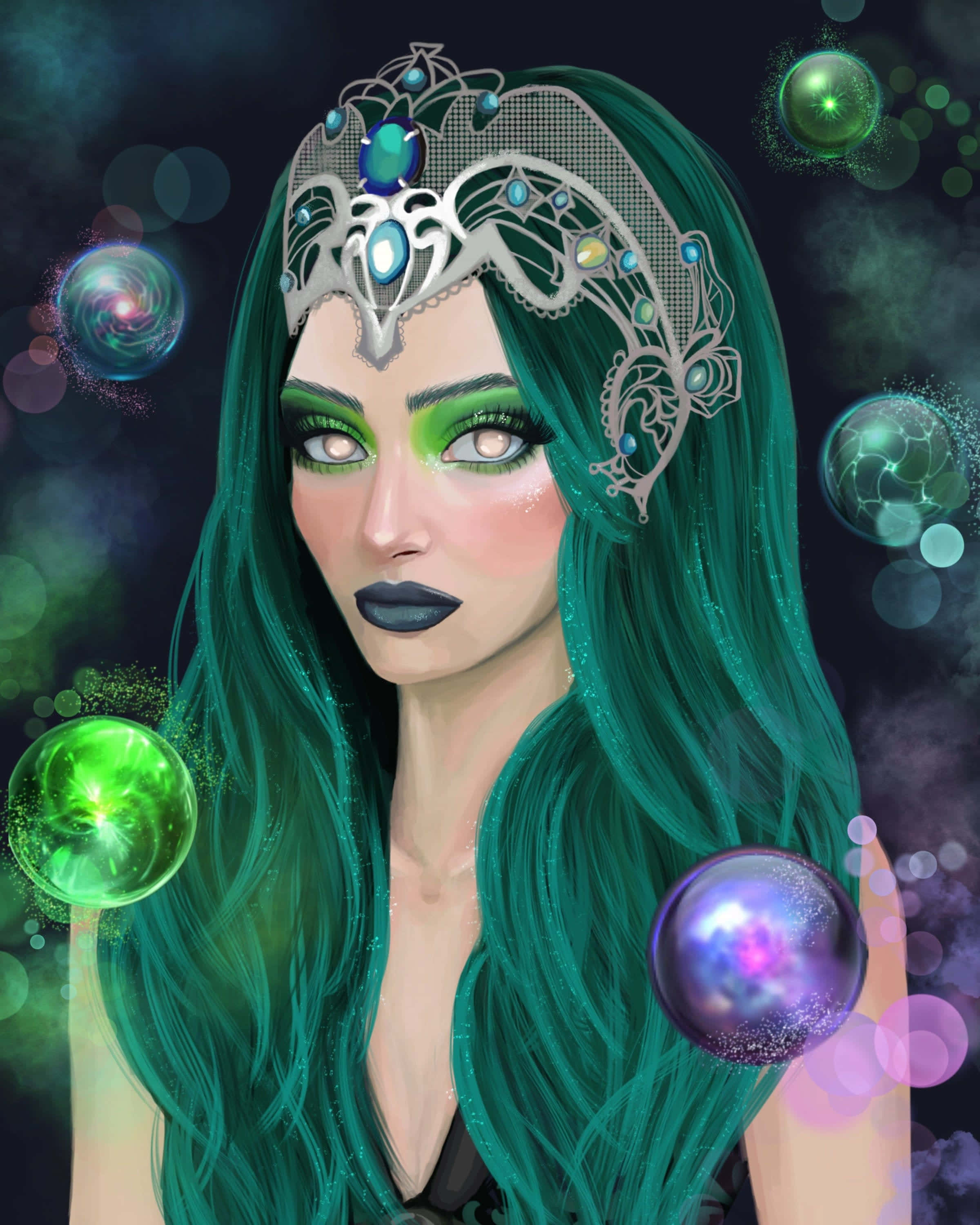 Green Witch, emerald hair, ornate silver crown, 2K Phone Wallpaper