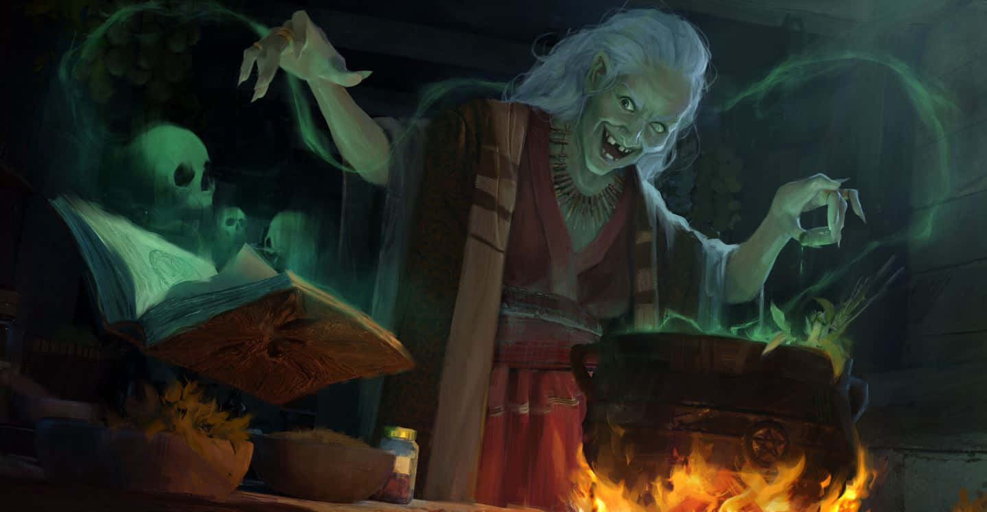 Green Witch, enchanted forest, bubbling cauldron, HD Desktop Wallpaper