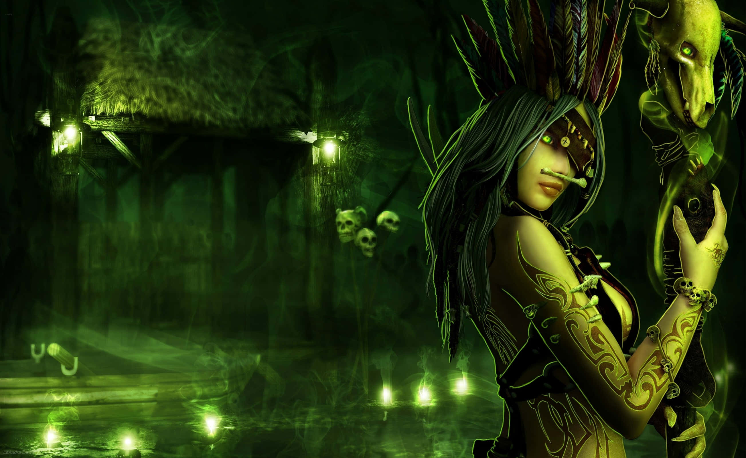 Green Witch, swampy jungle temple, feathered headdress, 2K Desktop Wallpaper