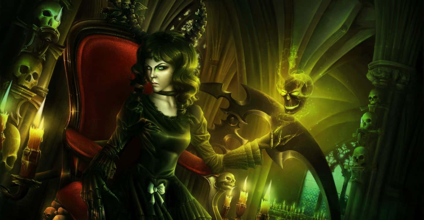 Green Witch, dark green dress, red throne, HD Desktop Wallpaper