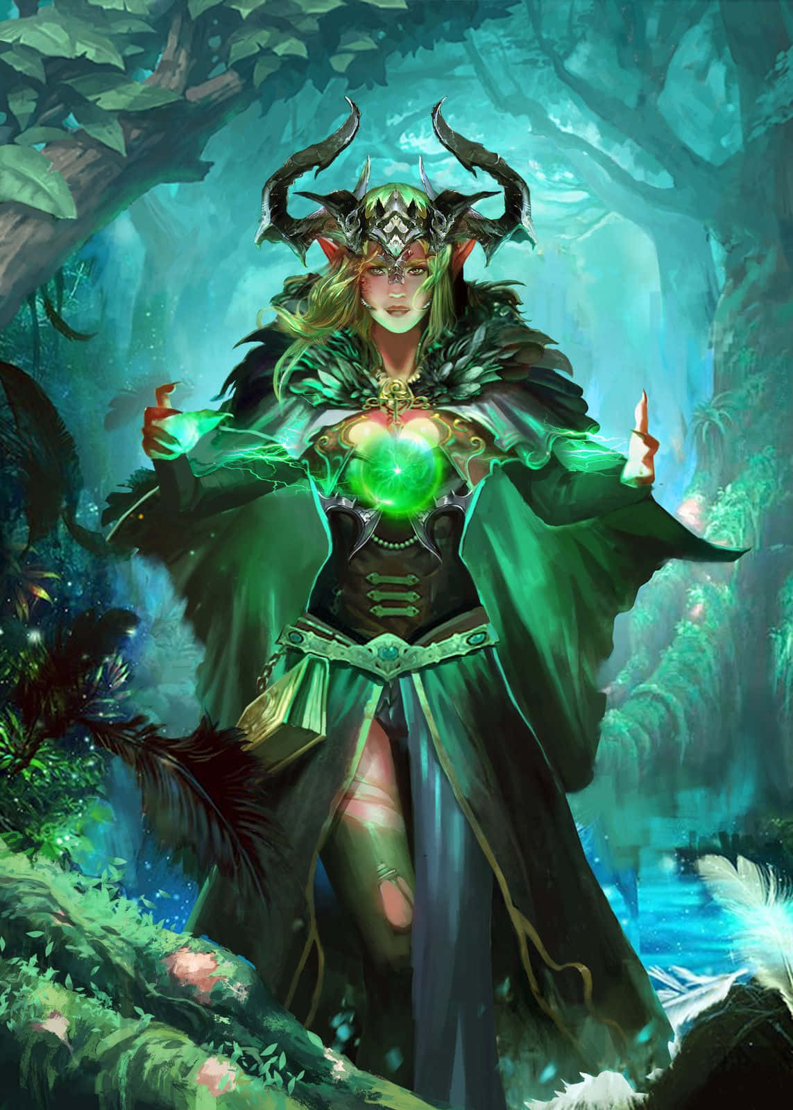 Green Witch, glowing green horns, radiant orb, HD Phone Wallpaper