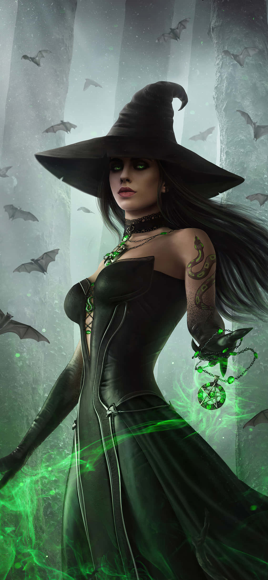 Green Witch, black hat, gown, Full HD Phone Wallpaper