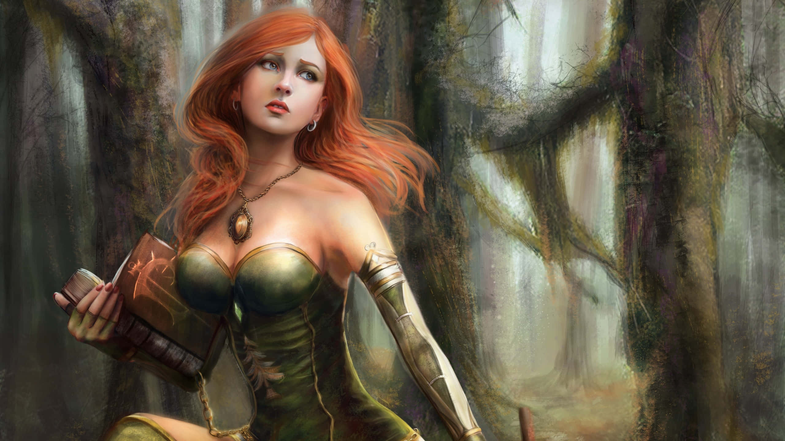 Green Witch, red-haired fantasy woman, green armor, 2K Desktop Wallpaper
