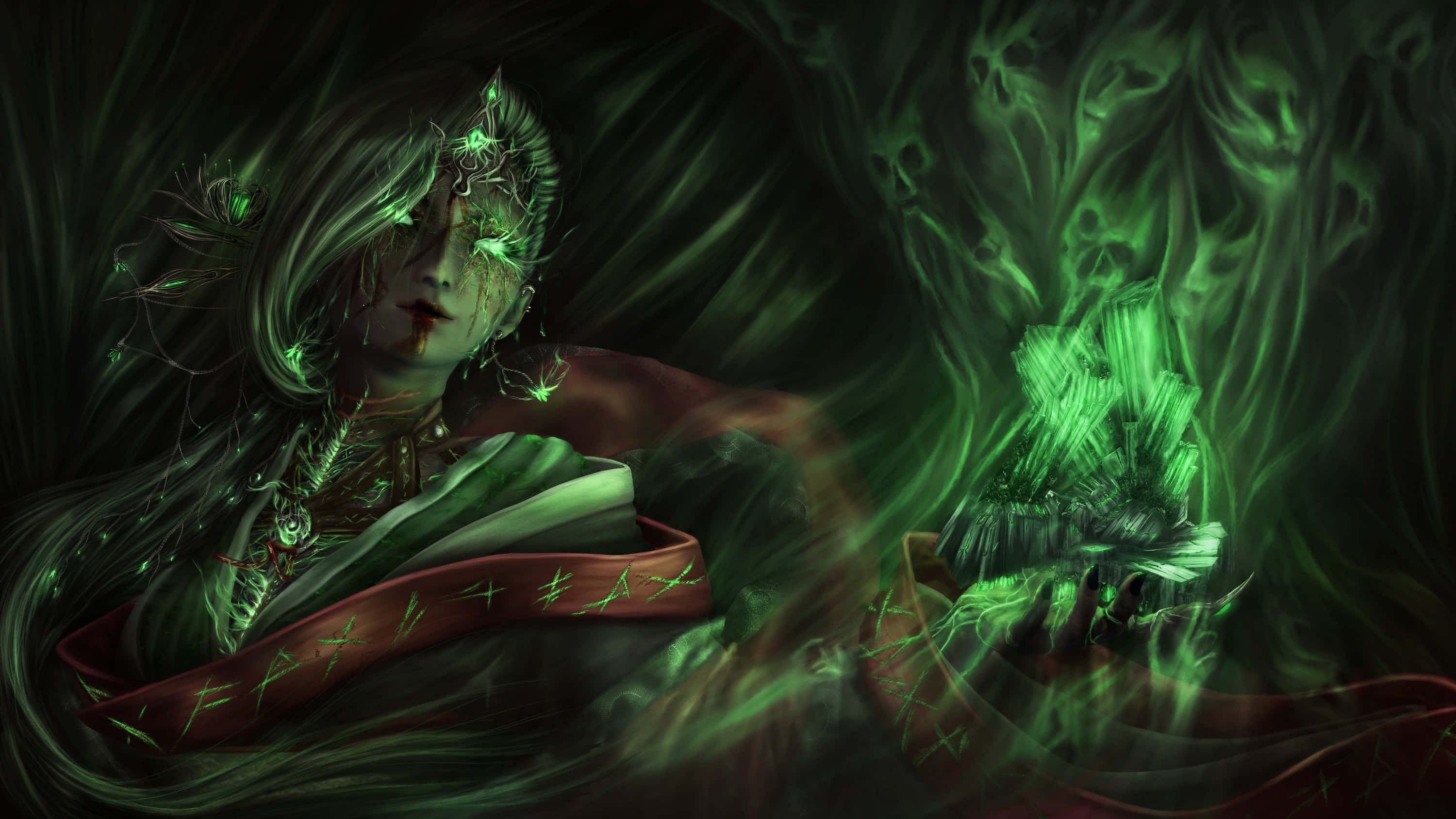 Green Witch, glowing green hair, glowing green eyes, 2K Desktop Wallpaper
