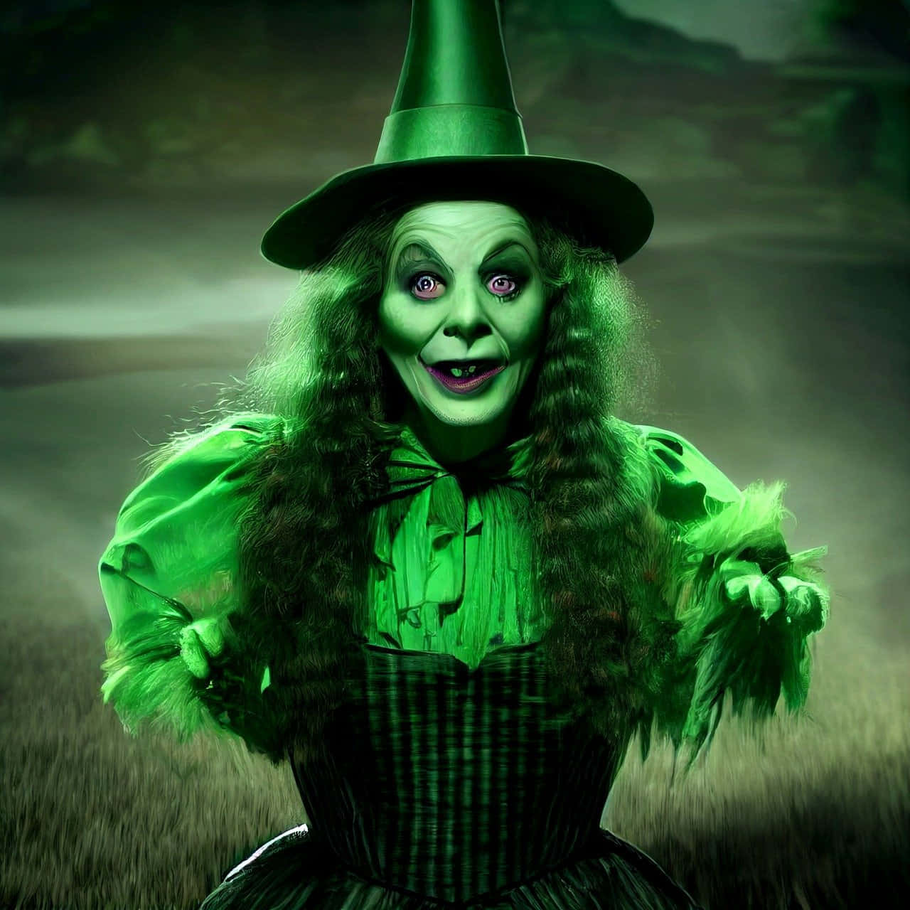 Green Witch, tall pointed hat, wild hair, HD Desktop Wallpaper