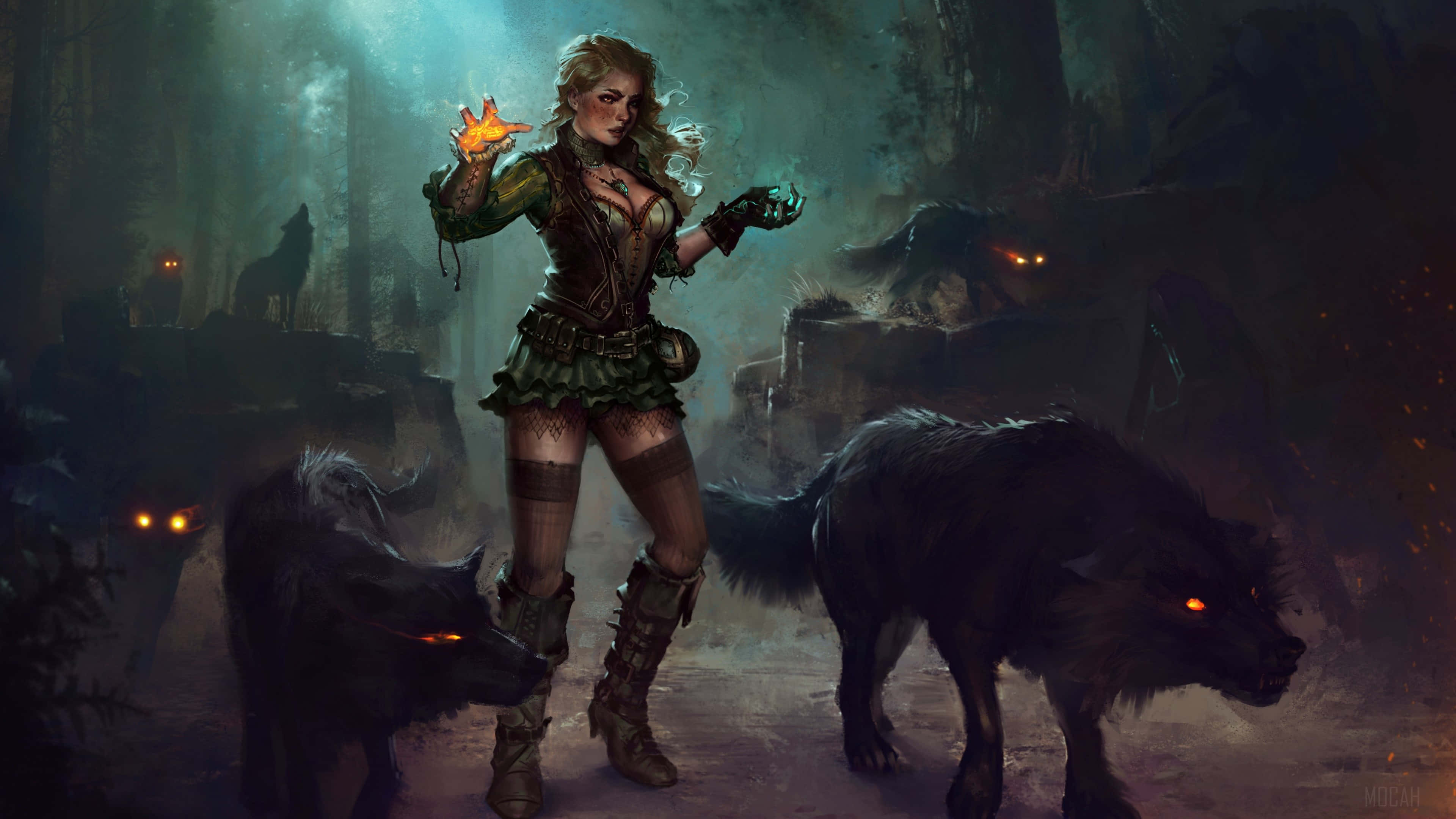 Green Witch, magical forest, glowing wolves, 4K Desktop Wallpaper