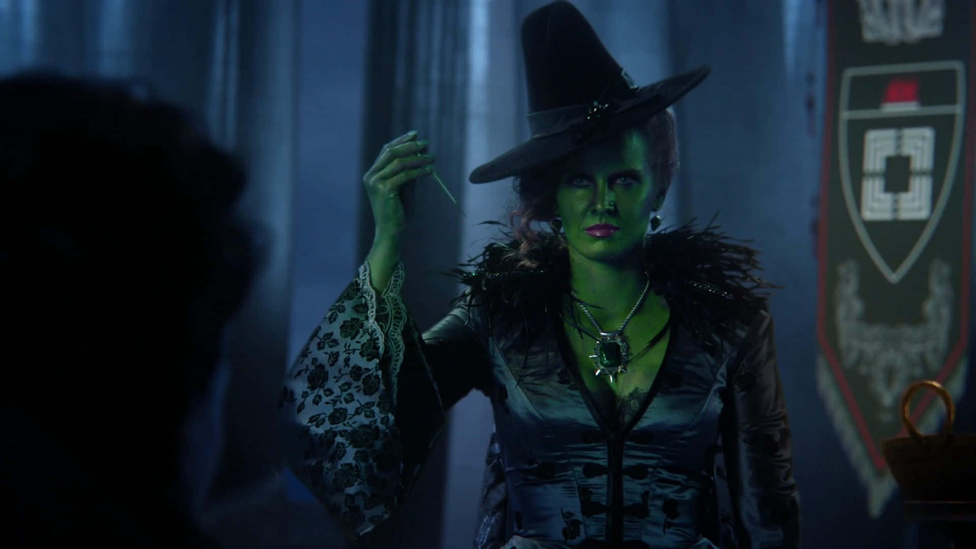 Green Witch, black hat, feathered jacket, Full HD Desktop Wallpaper