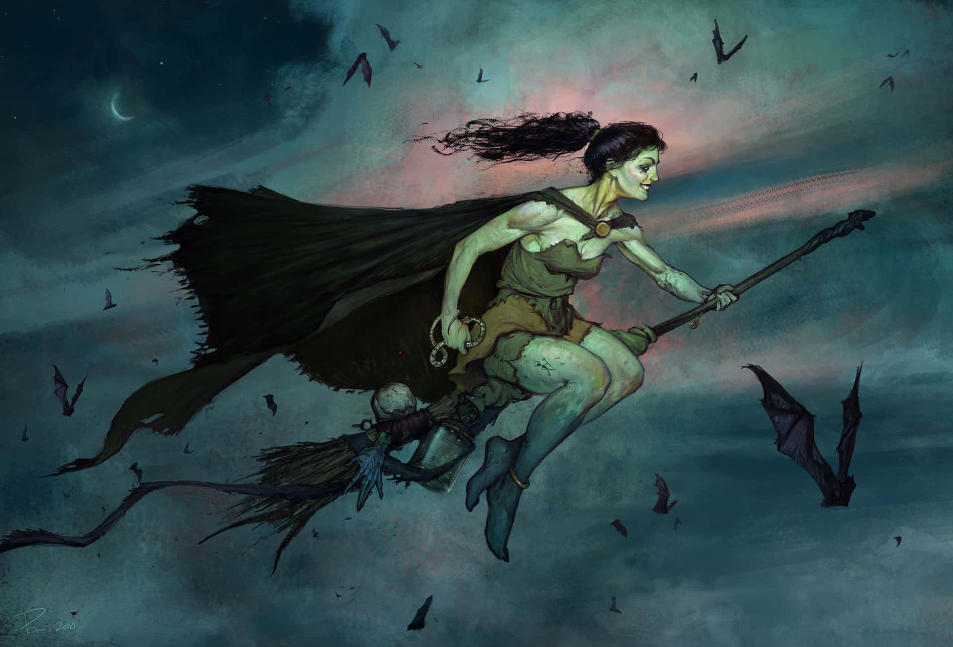 Green Witch, pale green skin, broomstick, HD Desktop Wallpaper