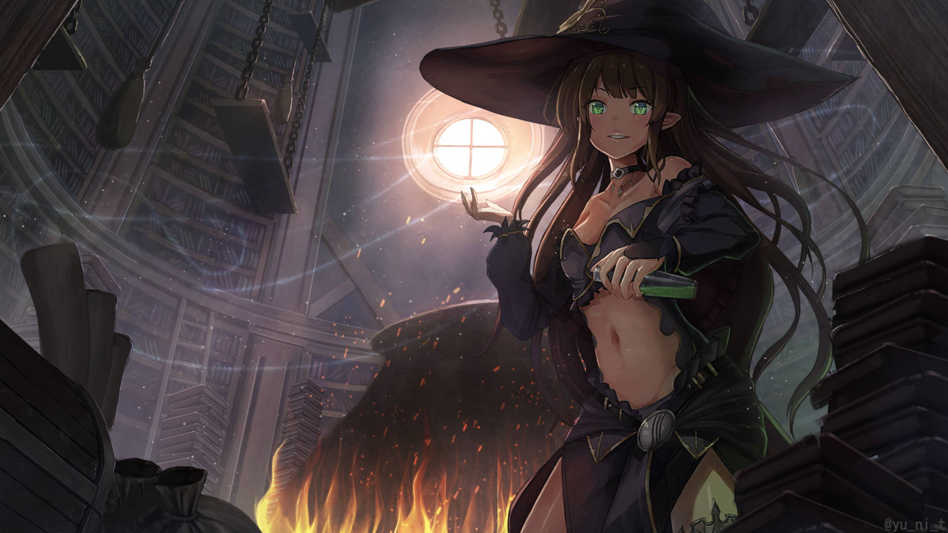 witch, green eyes, wide-brimmed hat, Full HD Desktop Wallpaper