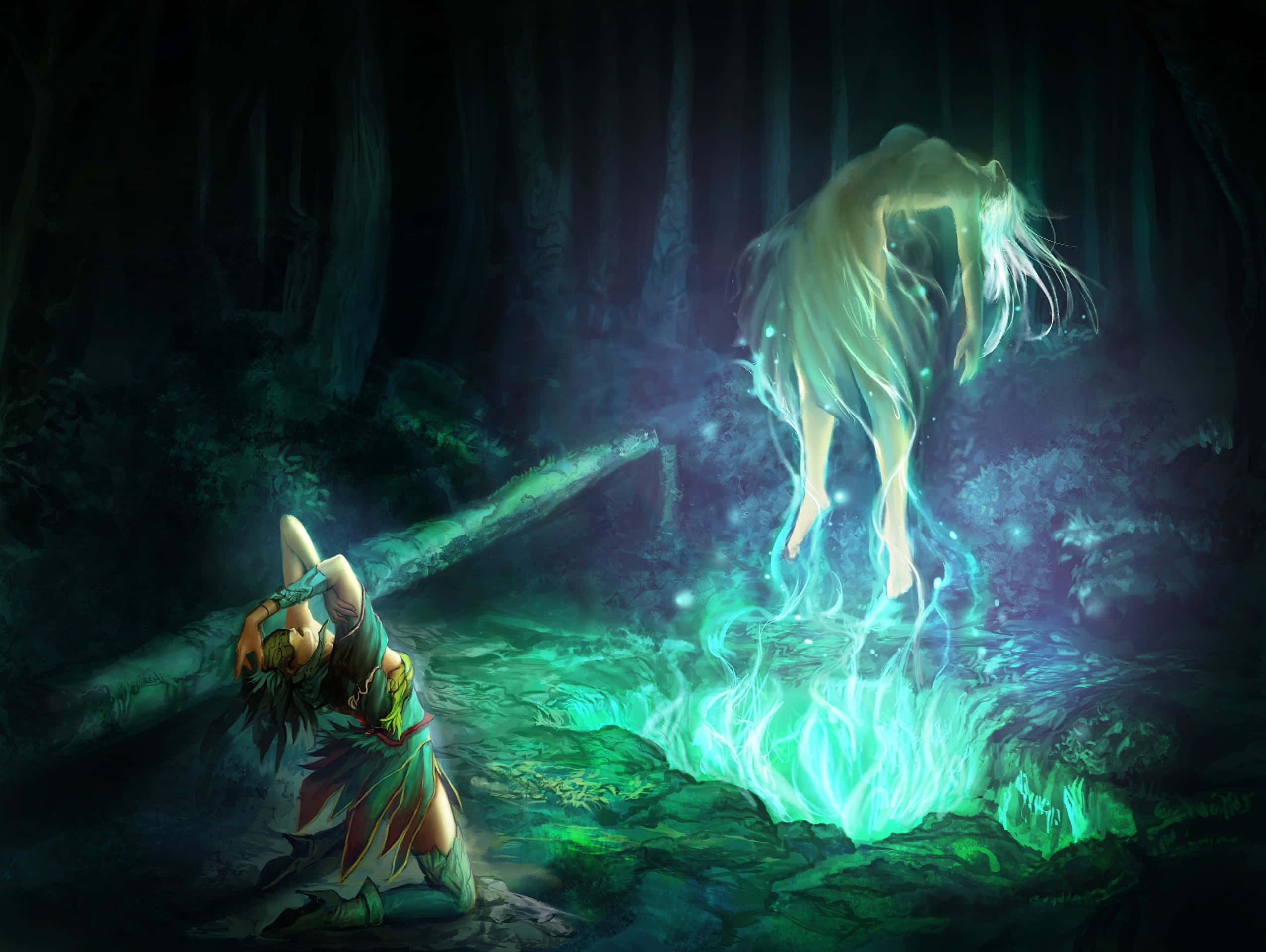 Green Witch, mystical forest, glowing ethereal figure, Full HD Desktop Wallpaper
