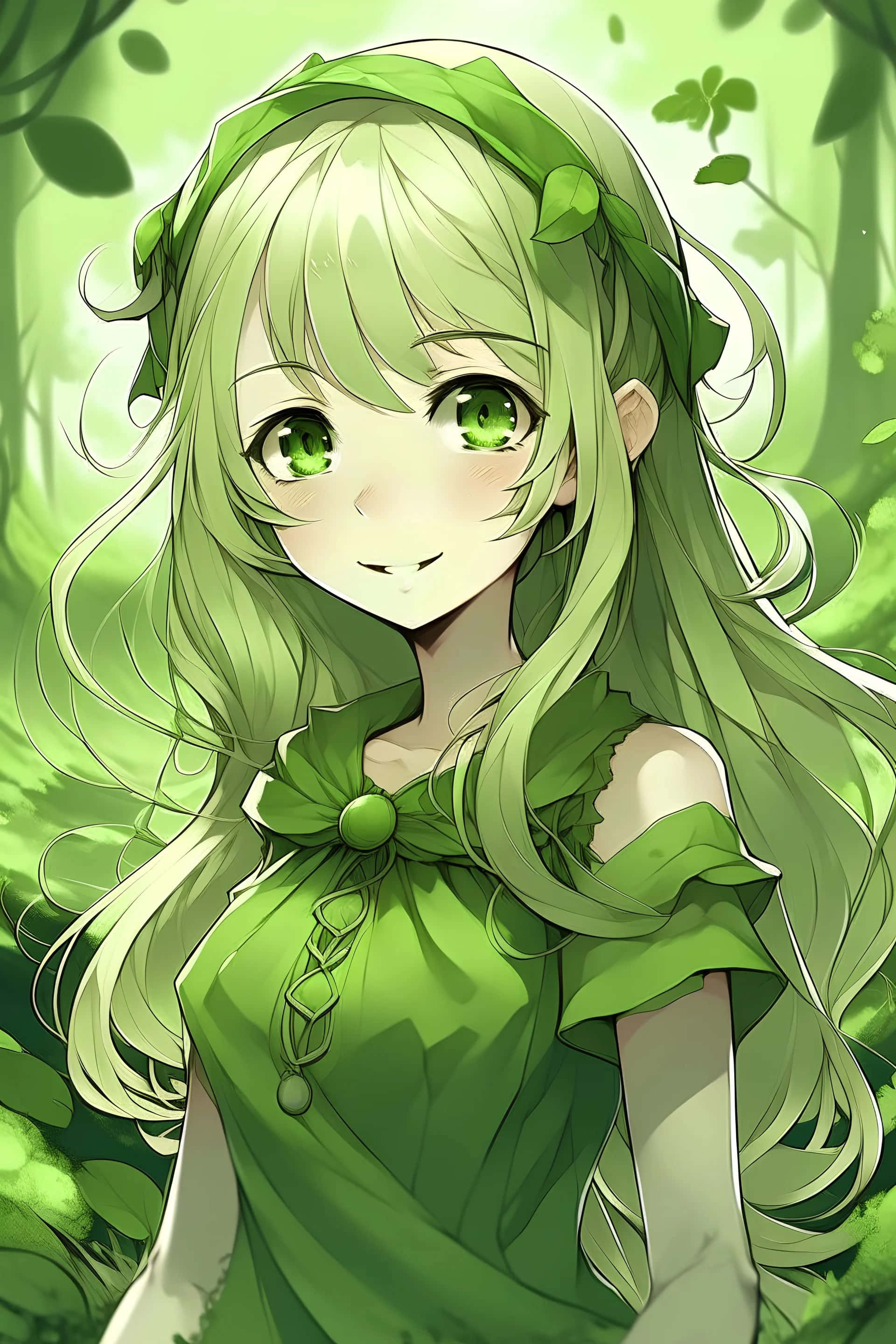 Green Eyed Anime Girl, lush forest, soft sunlight, 2K Phone Wallpaper
